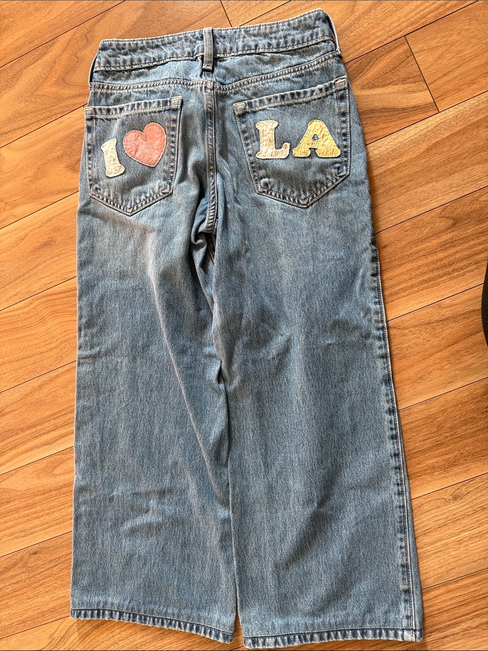 Hollister Light Blue Wide-Leg Jeans with Colorful Back Pocket Patches